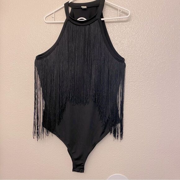 Black fringe Jumpsuit bodysuit Sleeveless Leotard whimsy goth festival rave XXL - Picture 2 of 9